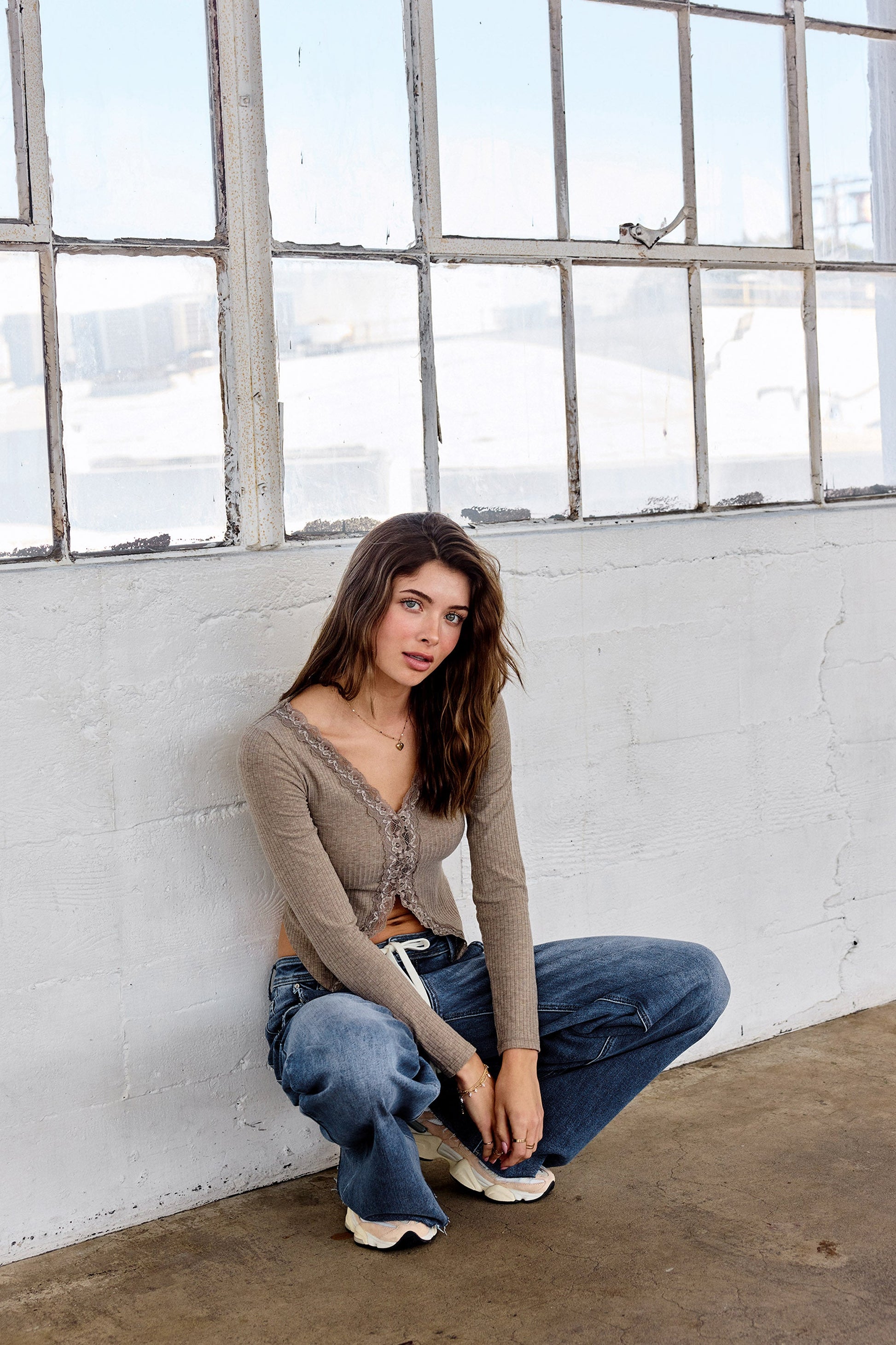 Super High Rise Relaxed Wide Leg Jeans with Waist String - - Pants