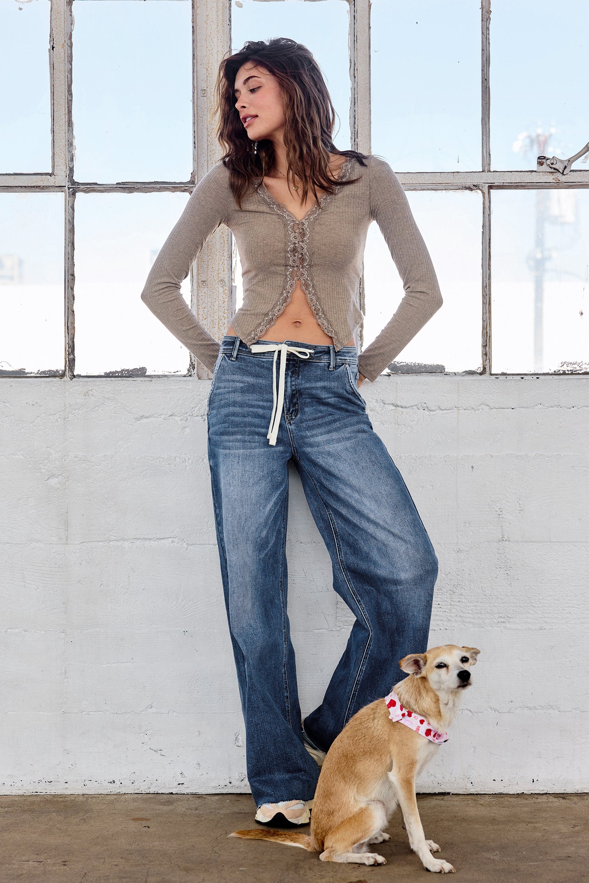 Super High Rise Relaxed Wide Leg Jeans with Waist String - - Pants