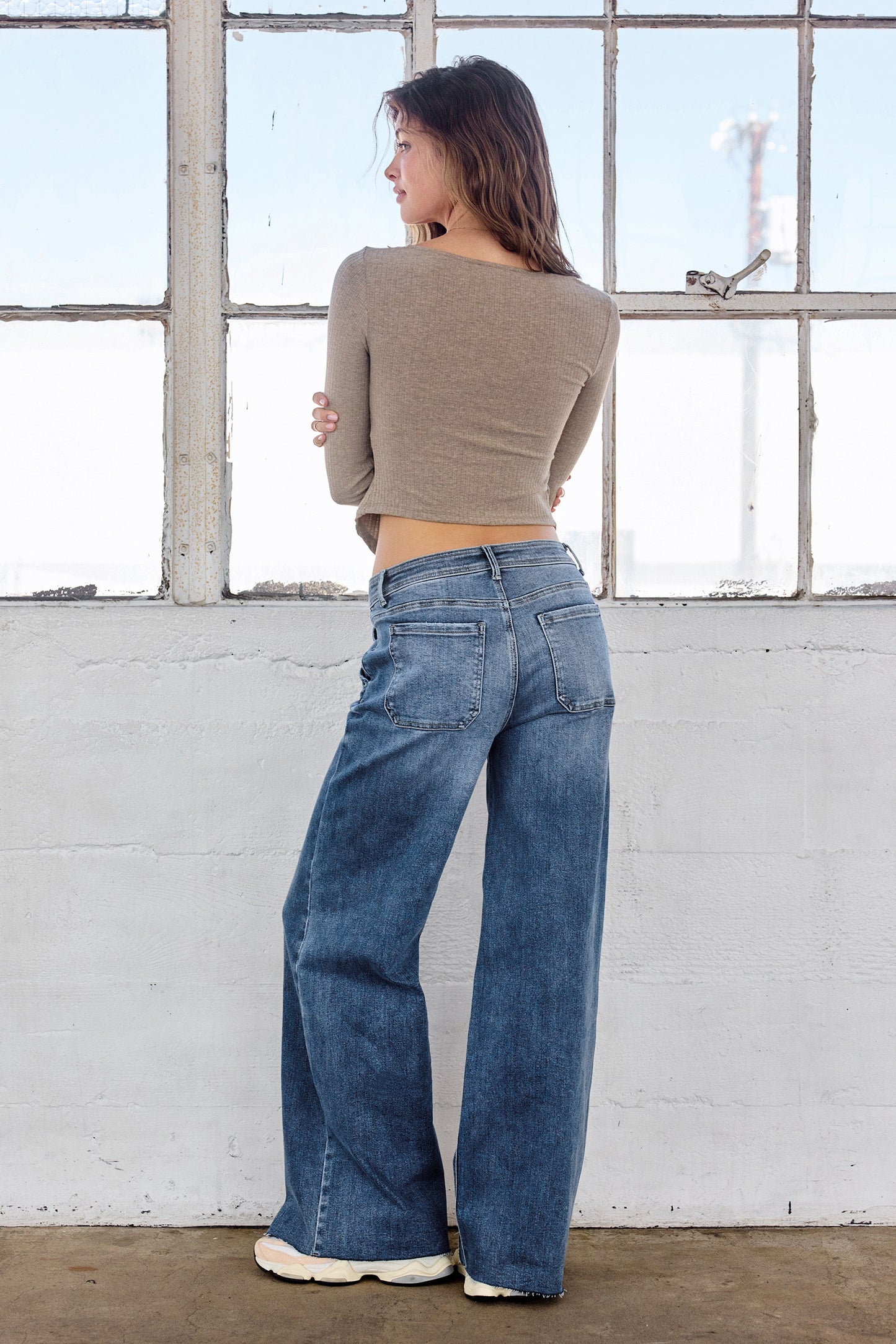 Super High Rise Relaxed Wide Leg Jeans with Waist String - - Pants