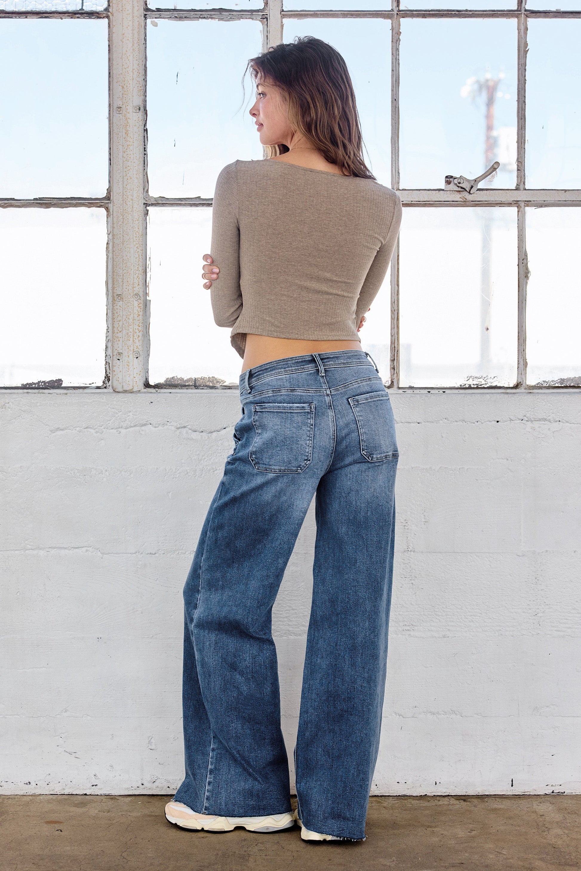 Super High Rise Relaxed Wide Leg Jeans with Waist String - - Pants