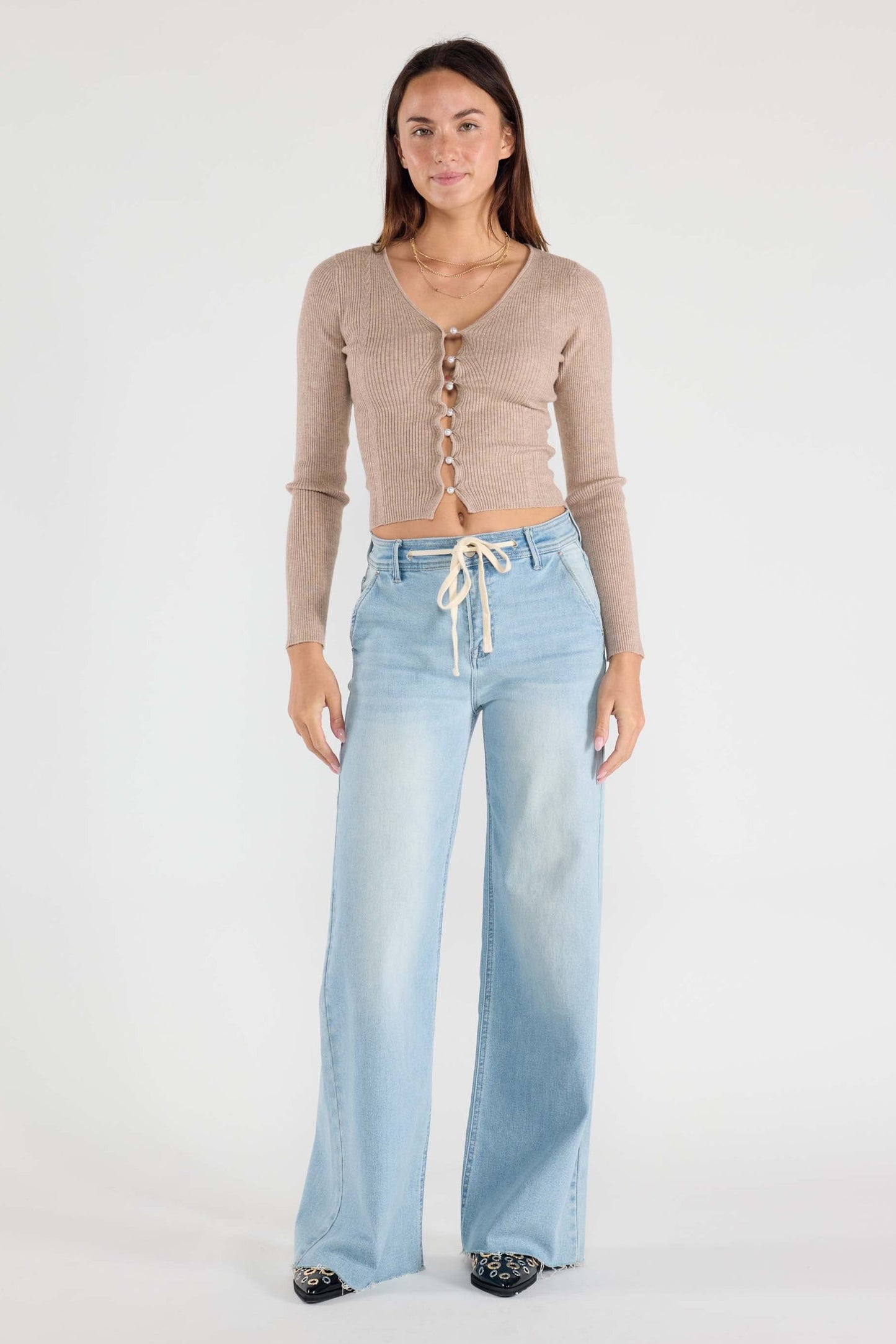 Super High Rise Relaxed Wide Leg Jeans with Waist String - - Pants
