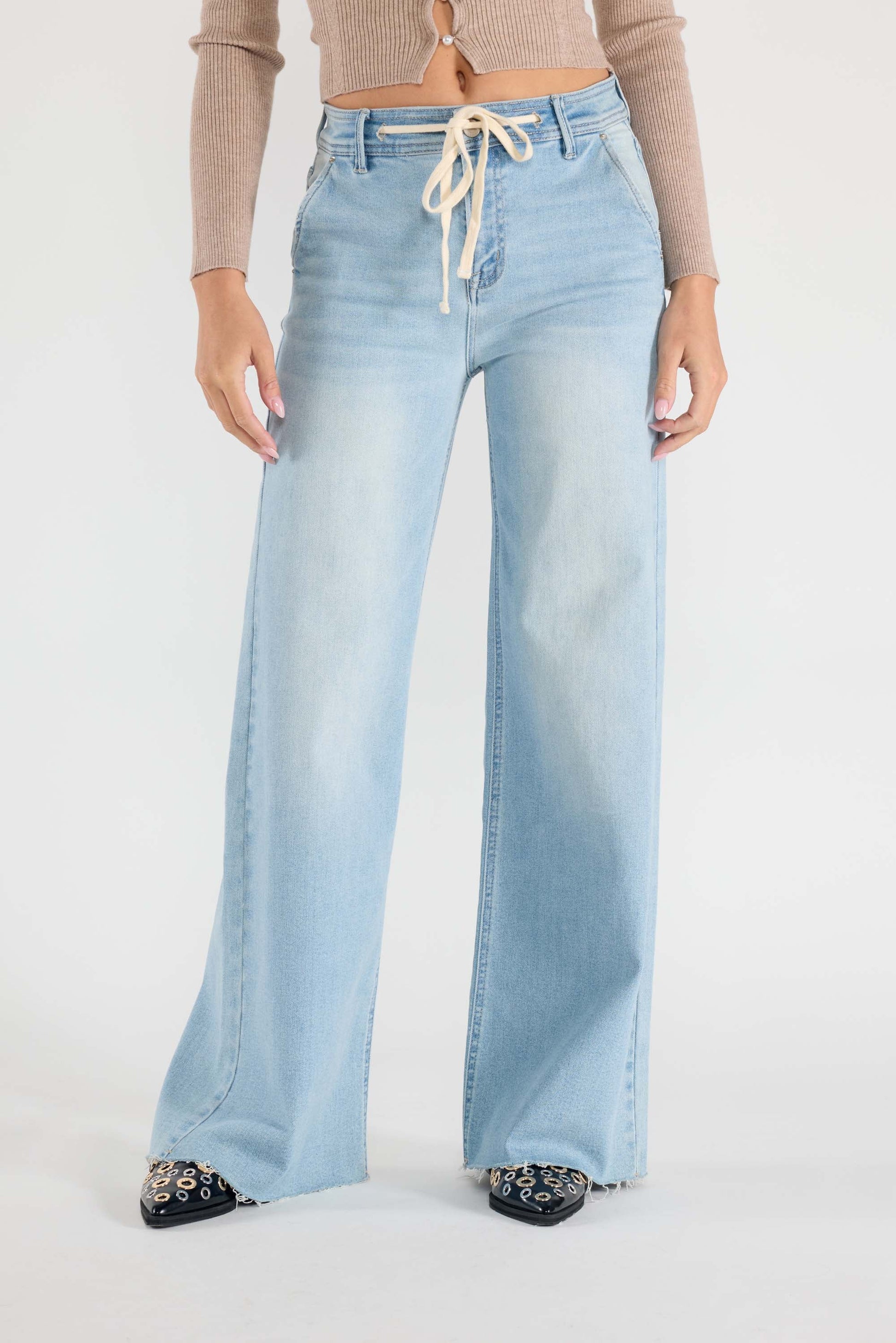 Super High Rise Relaxed Wide Leg Jeans with Waist String - LIGHT - Pants