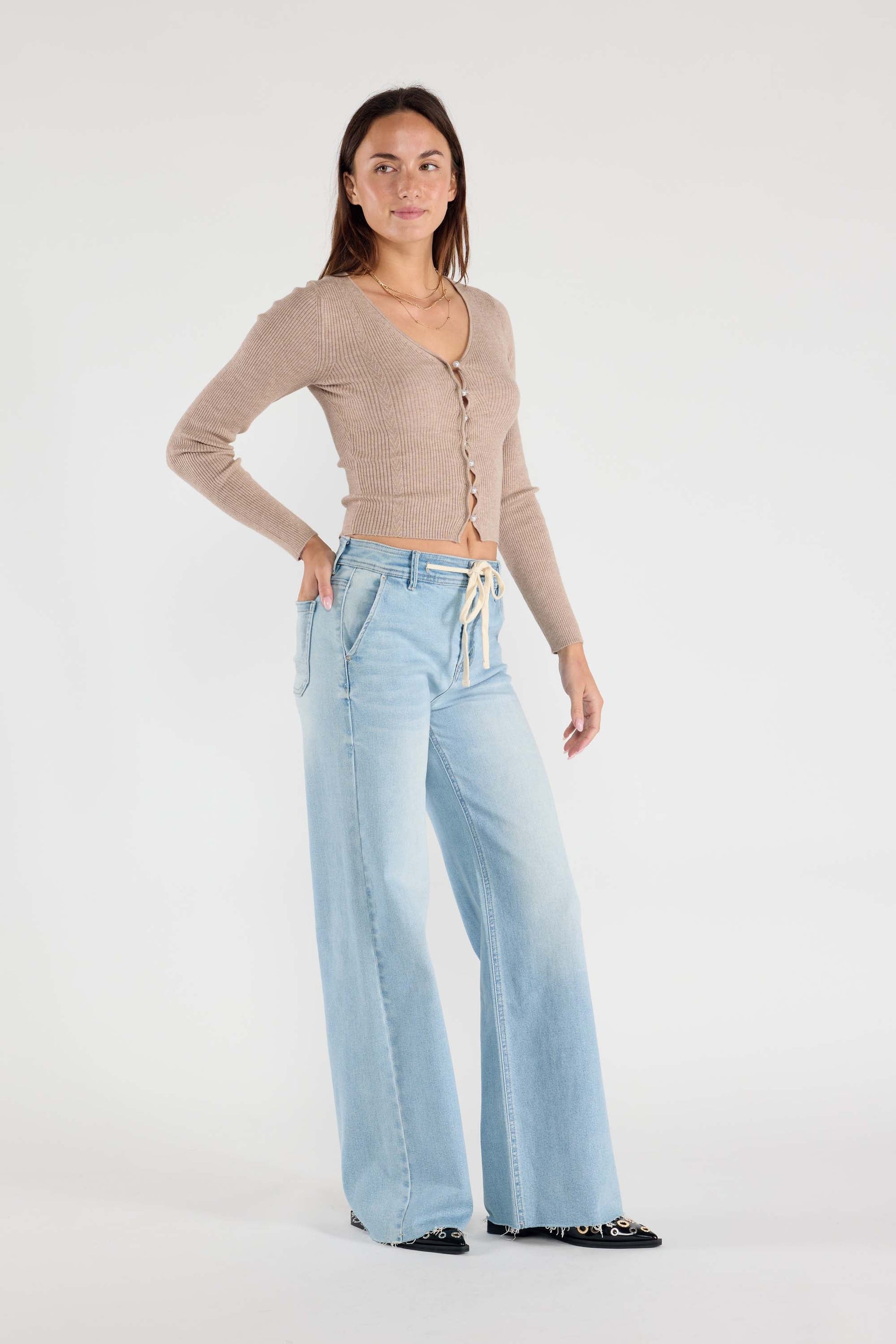 Super High Rise Relaxed Wide Leg Jeans with Waist String - - Pants