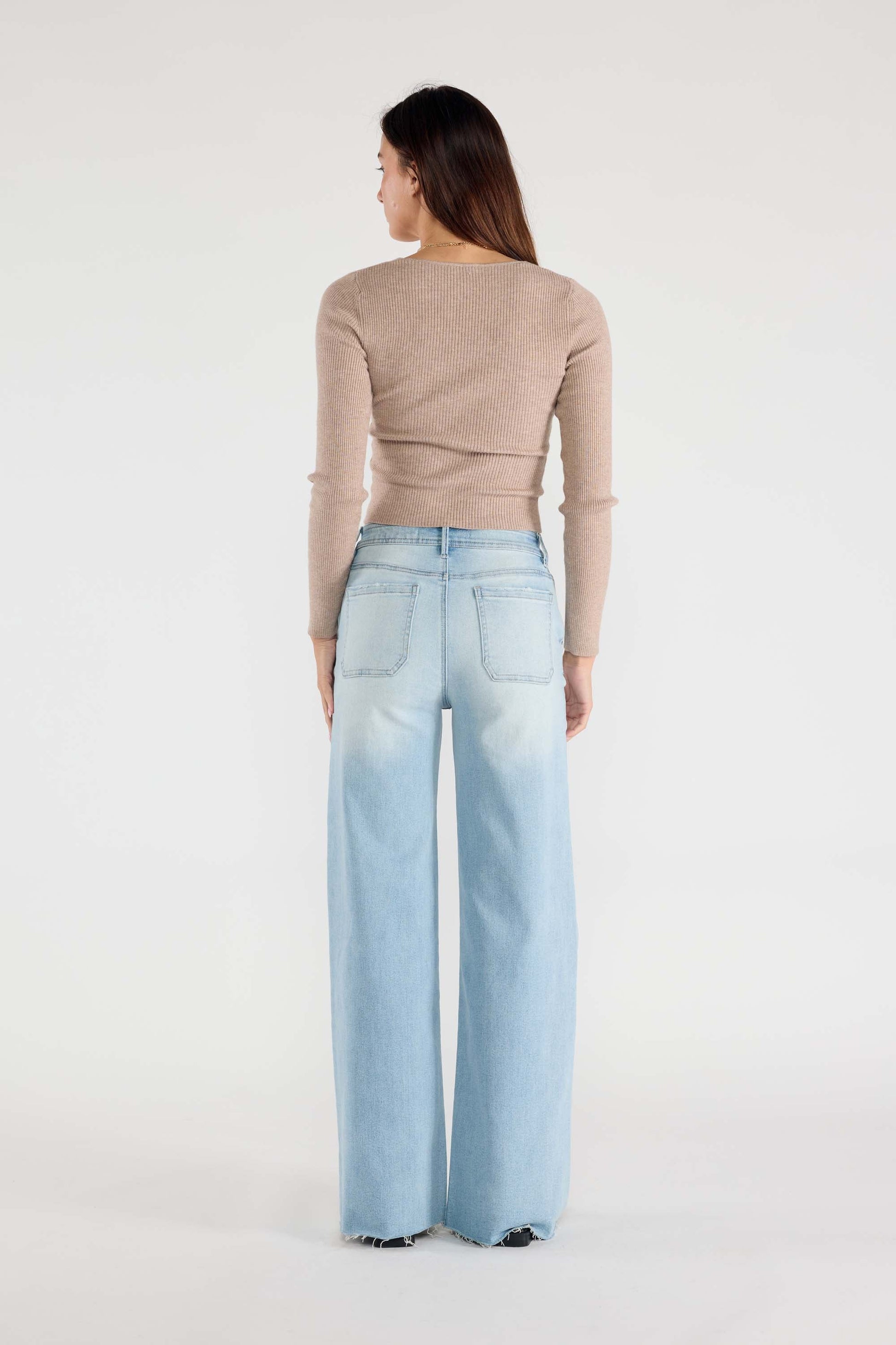Super High Rise Relaxed Wide Leg Jeans with Waist String - - Pants