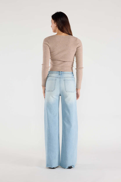Super High Rise Relaxed Wide Leg Jeans with Waist String - - Pants