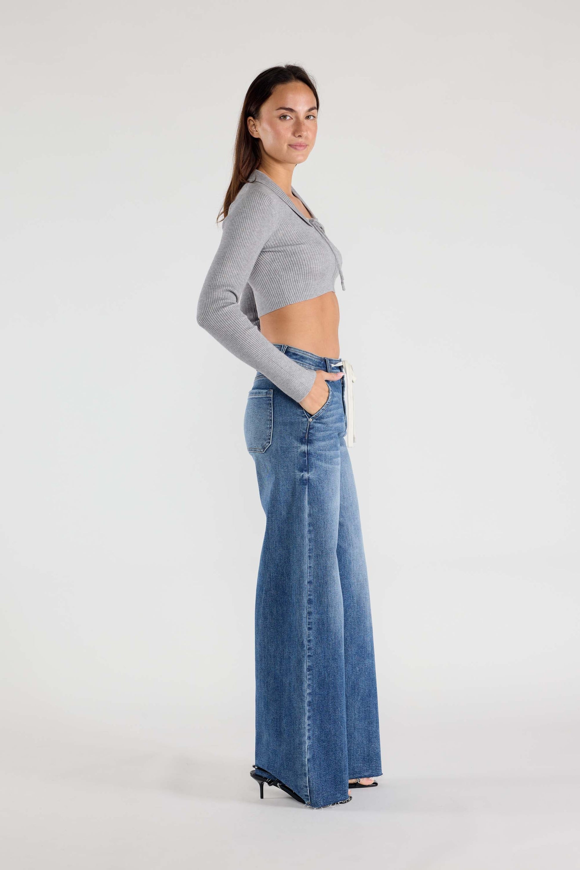 Super High Rise Relaxed Wide Leg Jeans with Waist String - - Pants