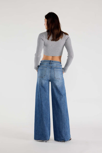Super High Rise Relaxed Wide Leg Jeans with Waist String - - Pants