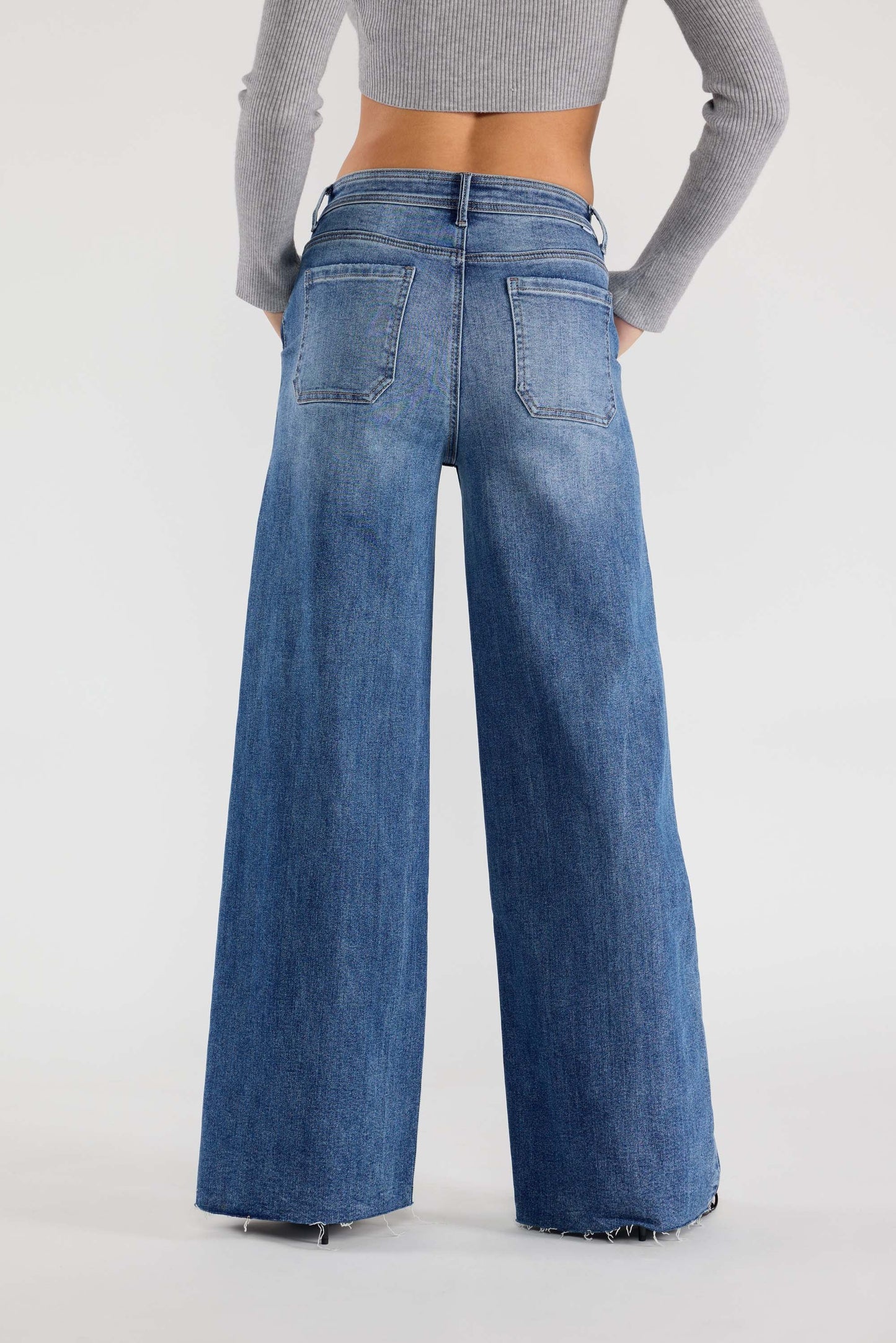 Super High Rise Relaxed Wide Leg Jeans with Waist String - - Pants