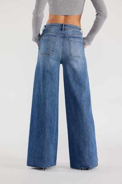 Super High Rise Relaxed Wide Leg Jeans with Waist String - - Pants