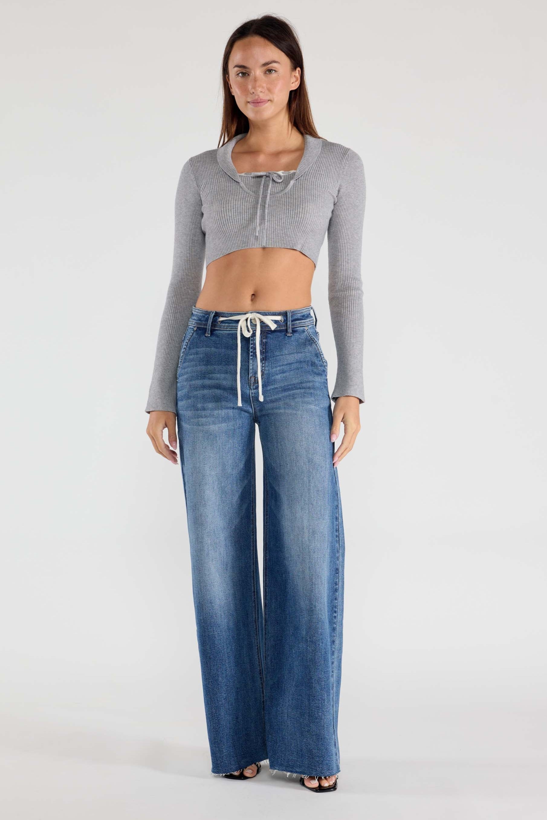 Super High Rise Relaxed Wide Leg Jeans with Waist String - - Pants