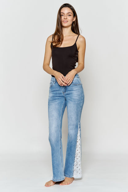 High Rise Wide Leg Jeans with Side Lace Crochet Detail - - Pants