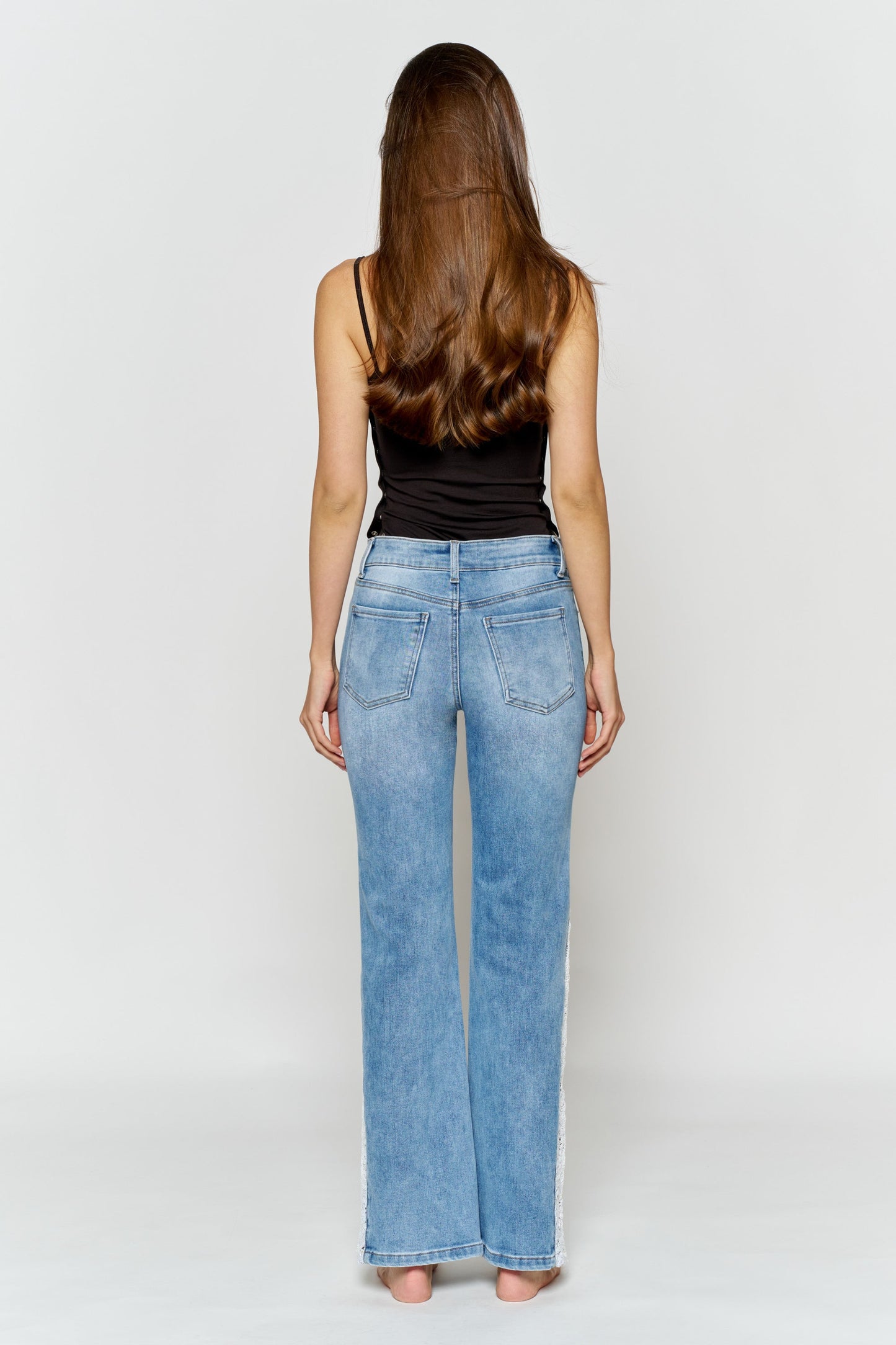 High Rise Wide Leg Jeans with Side Lace Crochet Detail - - Pants