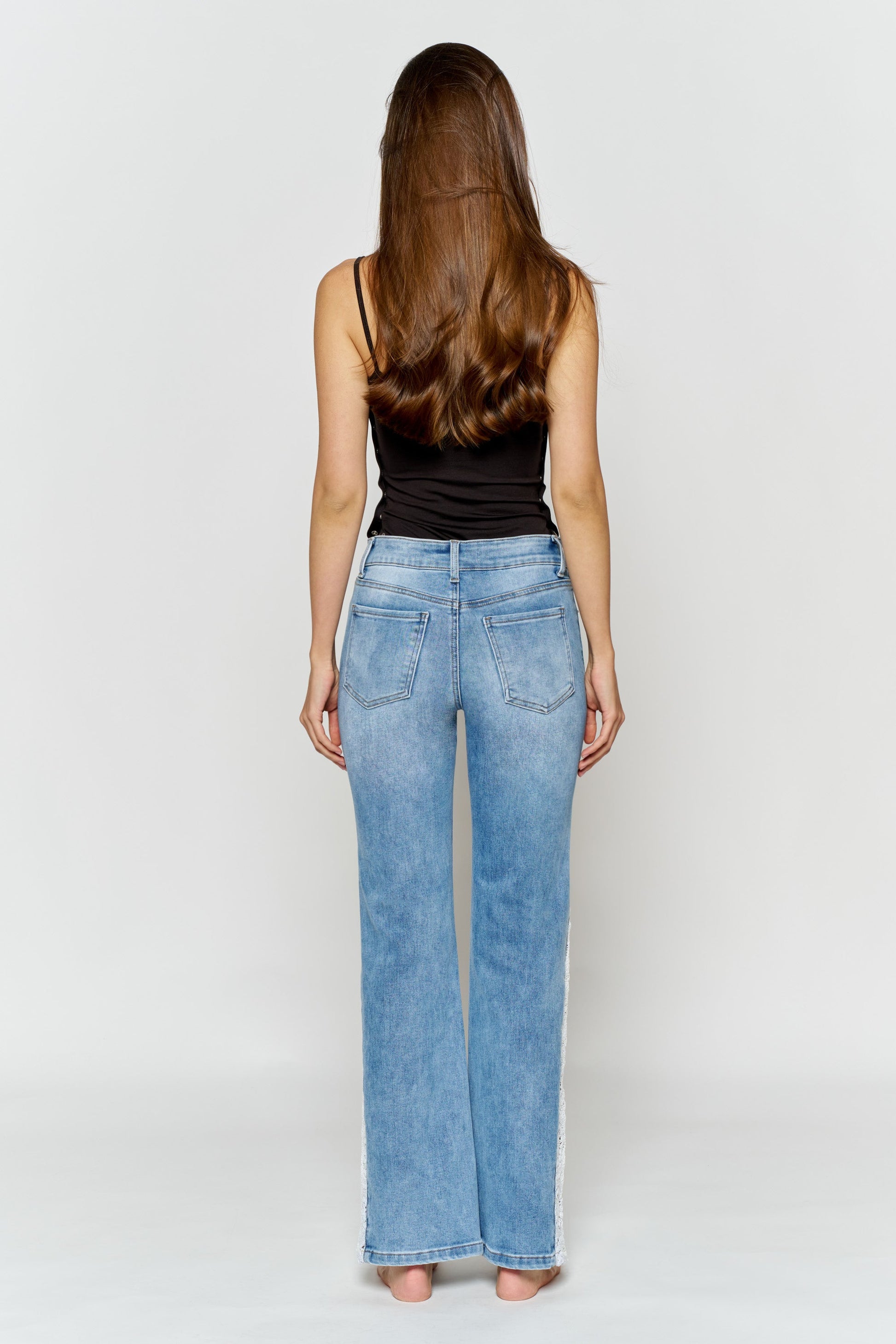 High Rise Wide Leg Jeans with Side Lace Crochet Detail - - Pants