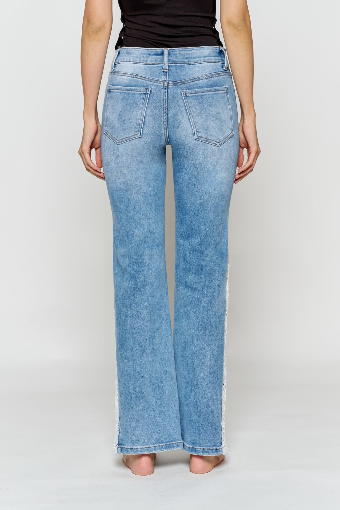 High Rise Wide Leg Jeans with Side Lace Crochet Detail - - Pants