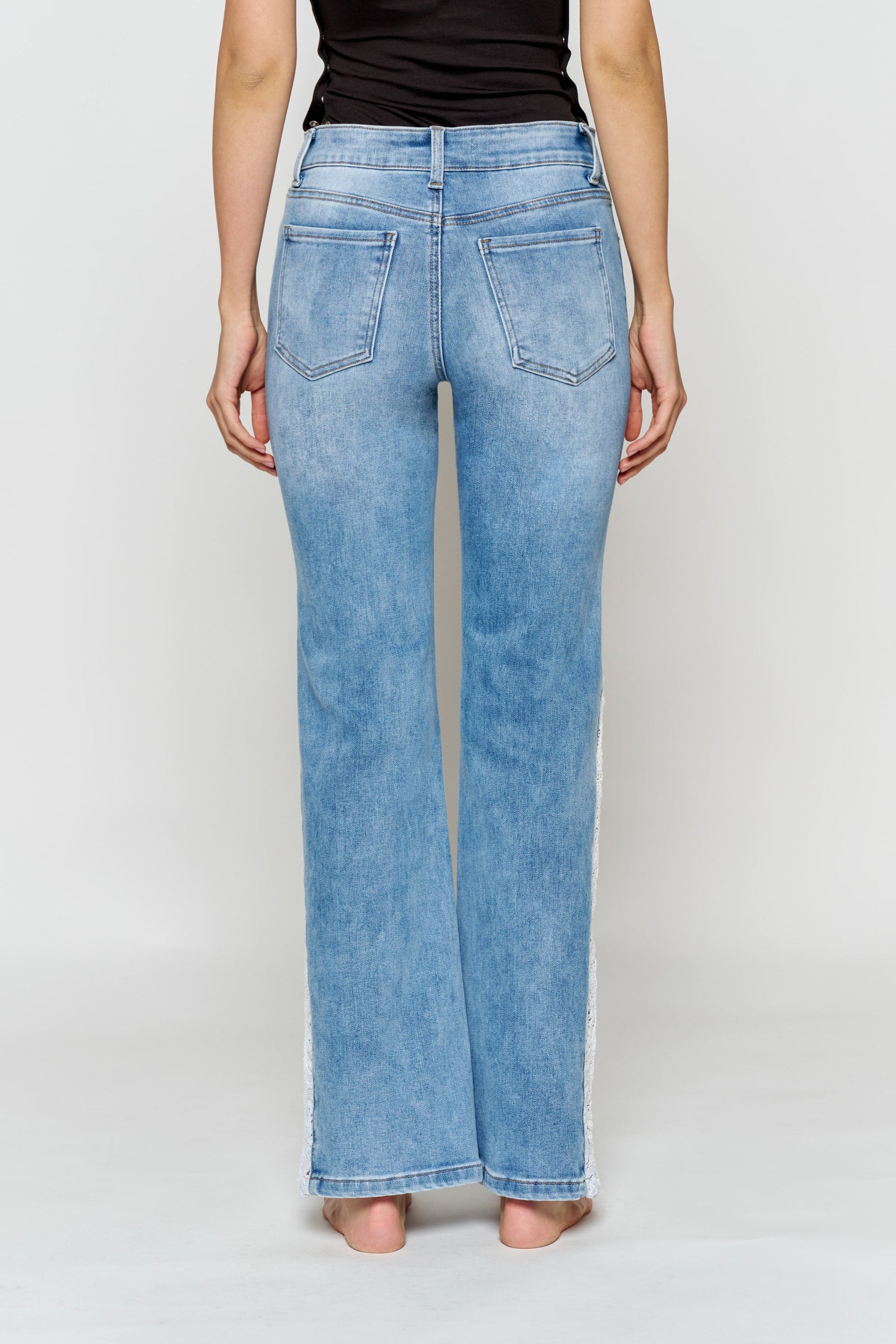 High Rise Wide Leg Jeans with Side Lace Crochet Detail - - Pants