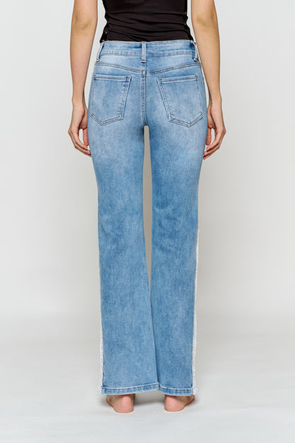 High Rise Wide Leg Jeans with Side Lace Crochet Detail - - Pants
