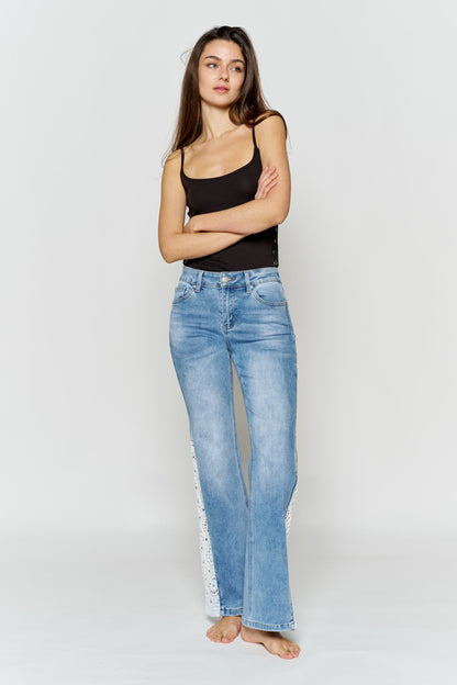 High Rise Wide Leg Jeans with Side Lace Crochet Detail - - Pants