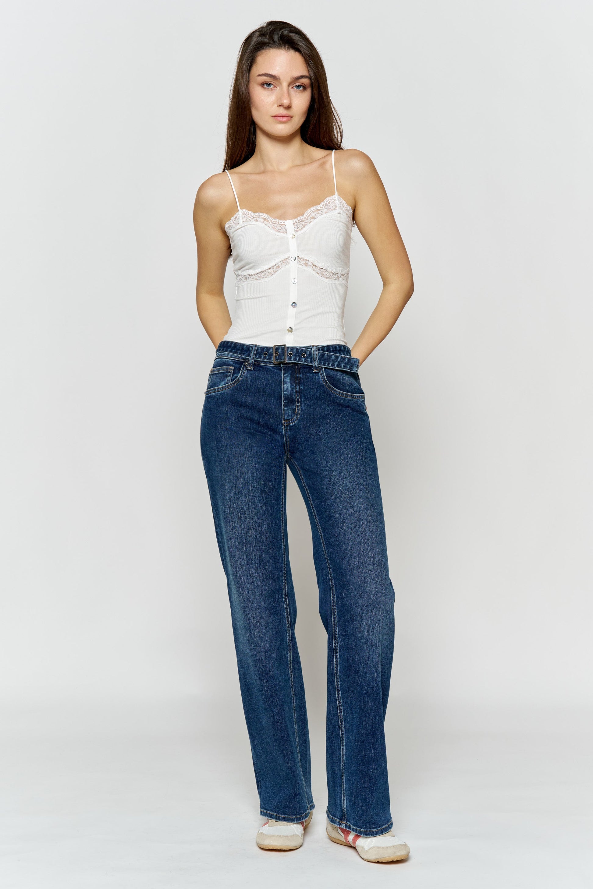 High Rise Belted Wide Leg Jeans with Buckle Closure - - Pants