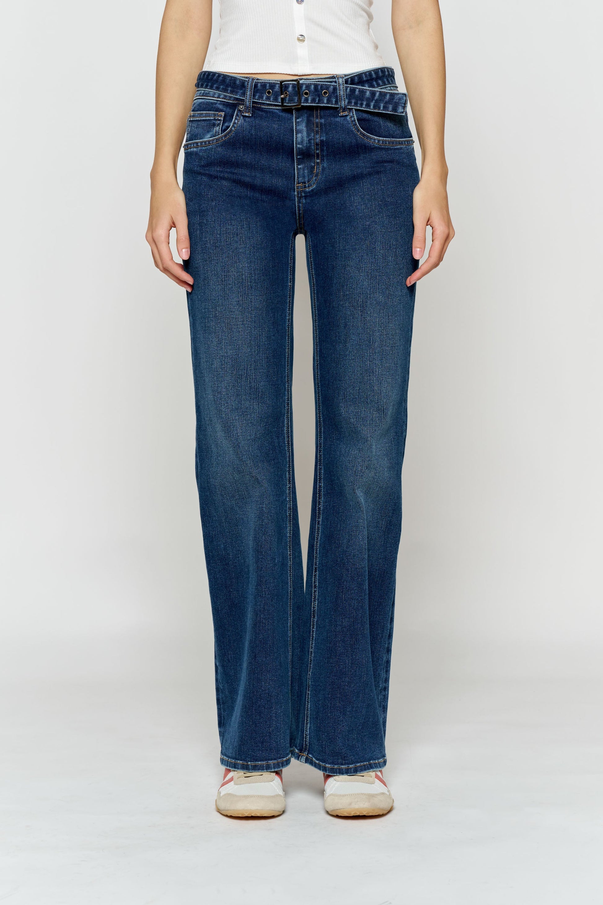 High Rise Belted Wide Leg Jeans with Buckle Closure - - Pants