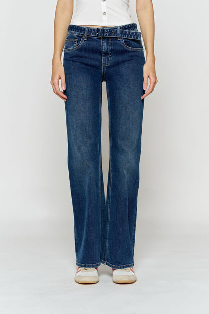 High Rise Belted Wide Leg Jeans with Buckle Closure - - Pants