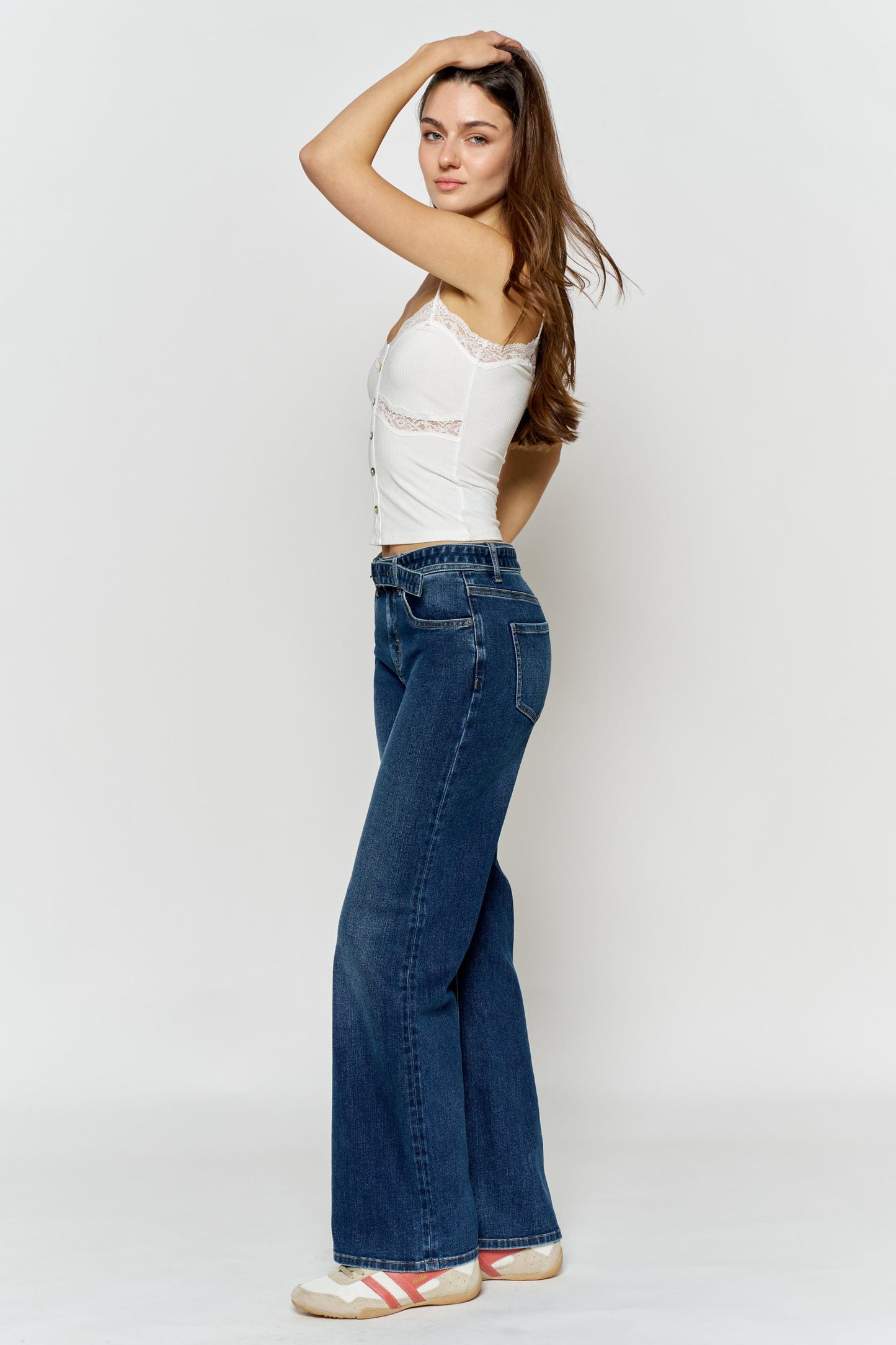 High Rise Belted Wide Leg Jeans with Buckle Closure - - Pants