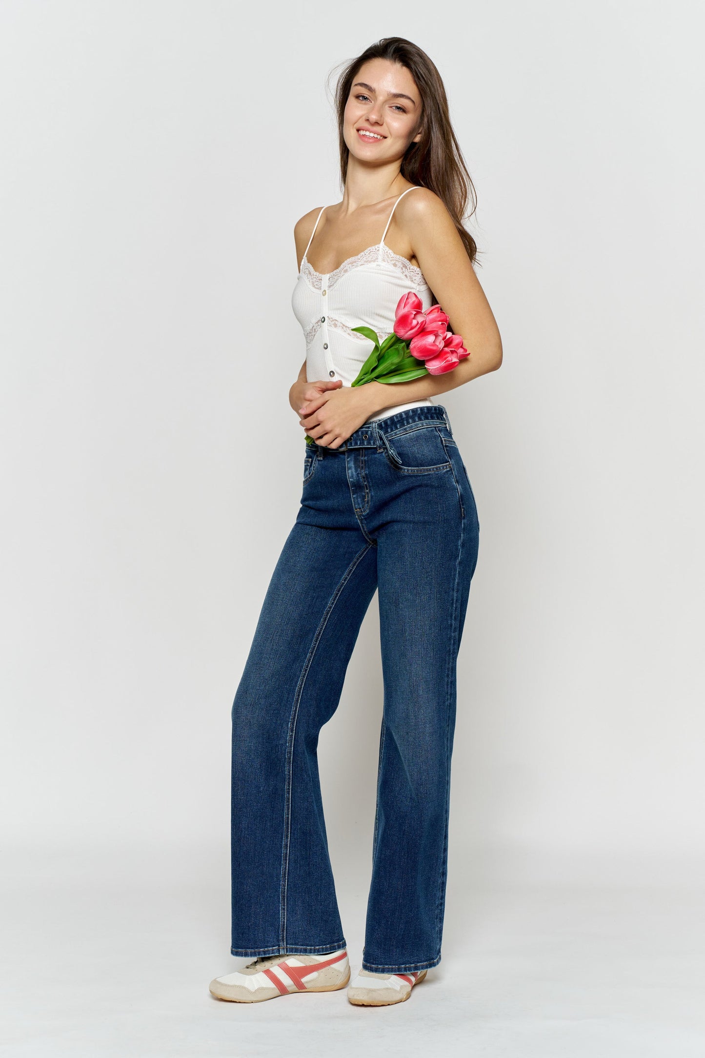 High Rise Belted Wide Leg Jeans with Buckle Closure - - Pants