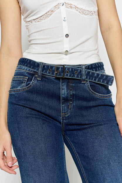 High Rise Belted Wide Leg Jeans with Buckle Closure - - Pants