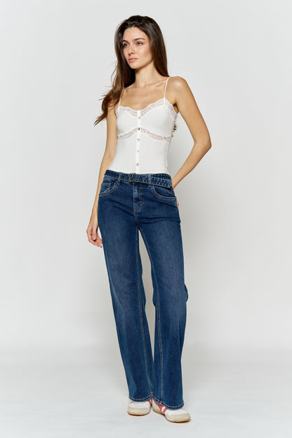 High Rise Belted Wide Leg Jeans with Buckle Closure - - Pants