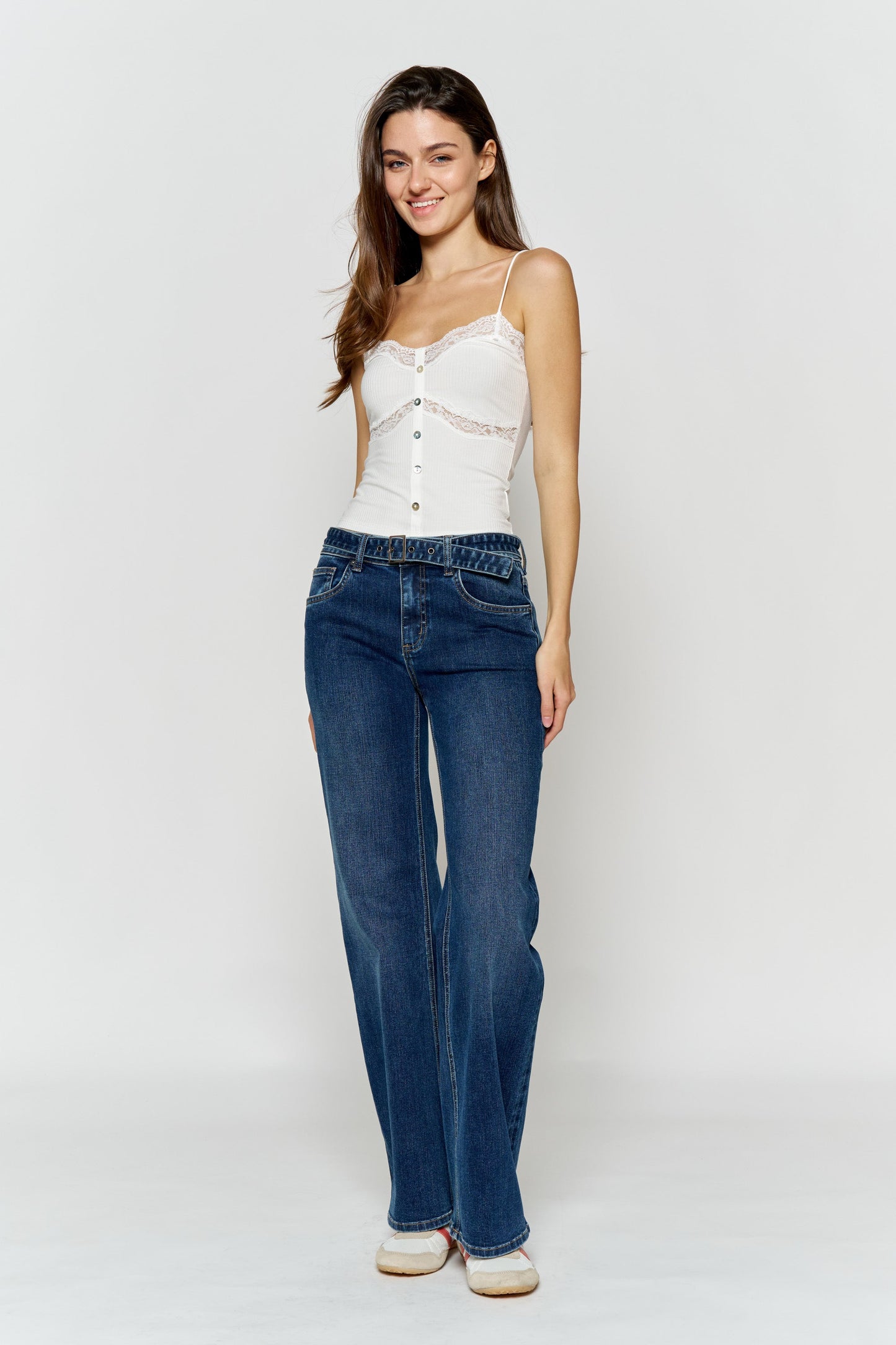 High Rise Belted Wide Leg Jeans with Buckle Closure - - Pants