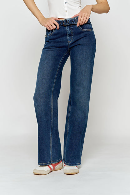 High Rise Belted Wide Leg Jeans with Buckle Closure - - Pants
