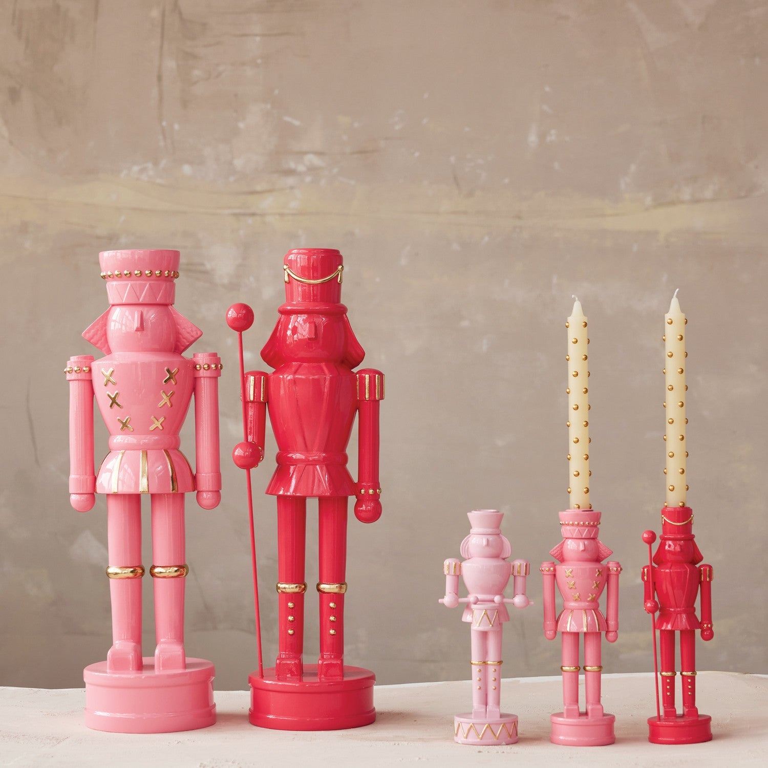 Pink Nutcracker Resin Taper Candle Holders - - Christmas