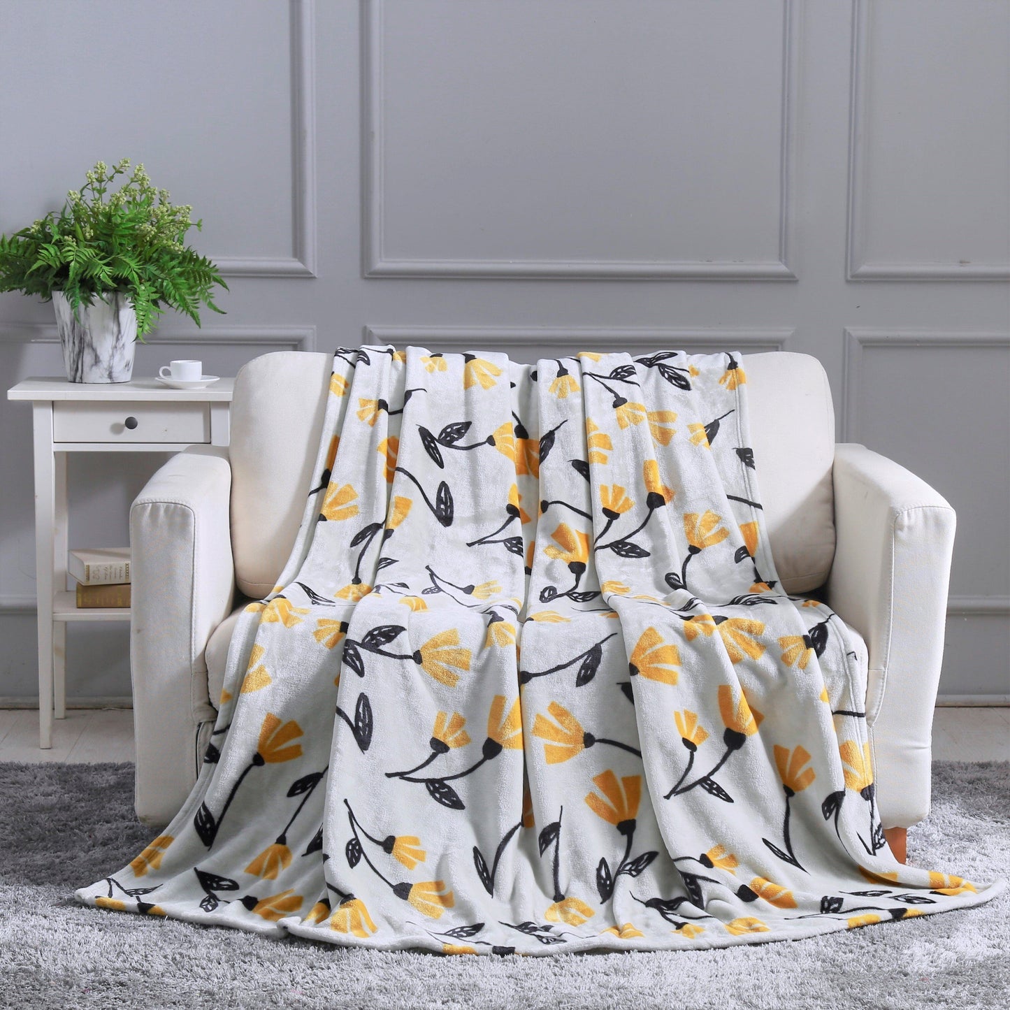 DaDa Bedding Soft Lightweight Fleece Throw Blanket, Yellow Fleur Floral Golden Orange Silver/Grey Background (XY1011) - - Throw Blankets