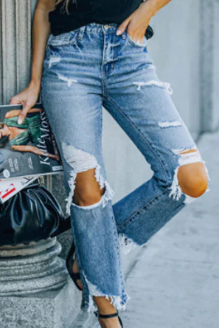 Sky Blue Ripped High Waist Jeans for Street Style Kia Day Design