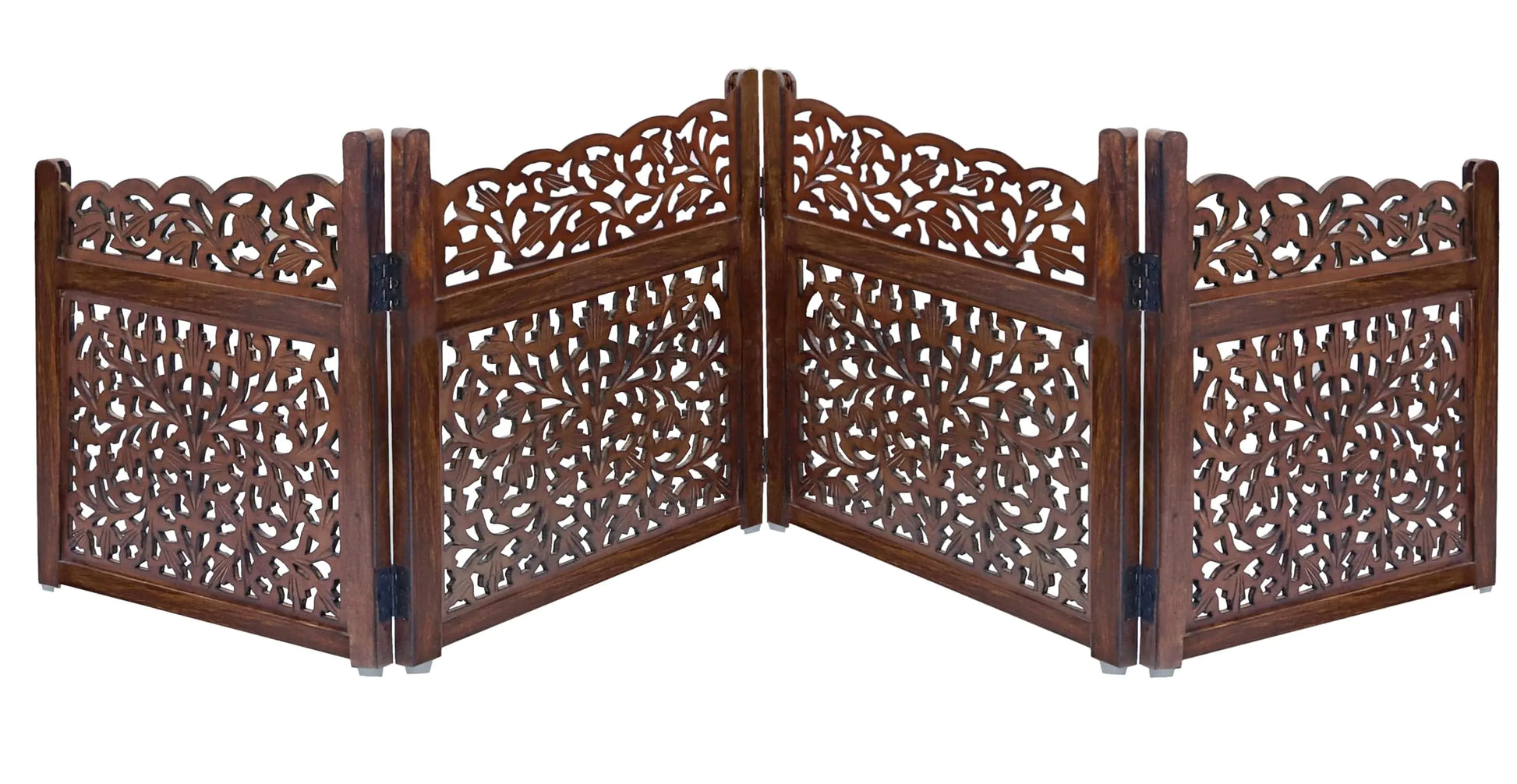 Wooden Foldable Pet Dog Safety Gate - 4 Panel 20" W x 24" H - Hand Carved Mahanadi Free Standing Portable - Kia Day Design