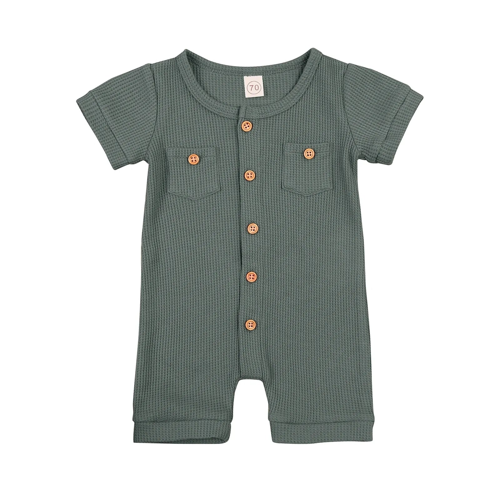 Solid Color Short Sleeve Round Neck Button Baby Playsuit Kia Day Design