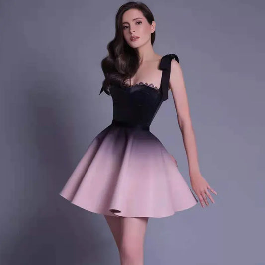 Bow Top Slim-fit Suspender Gradient Dress Set - - dress