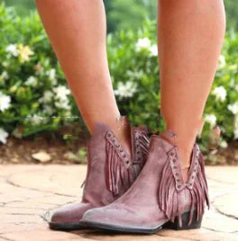 Fringe Ankle Boots with Studs and Chunky Heel - Purple 42 - boots