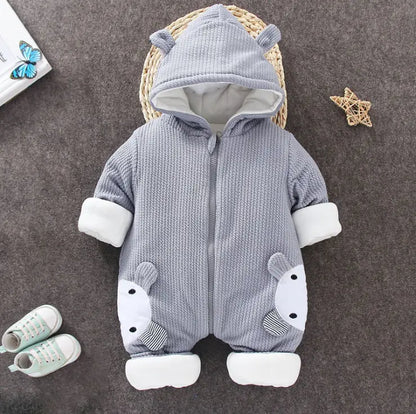 Cute Baby Bodysuit Warm Cotton Romper Two Rabbits Gray