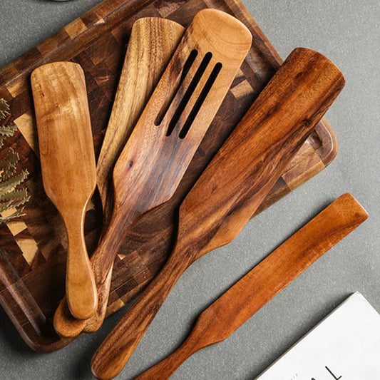 Acacia Teak Wood Long-Handled Cooking Spatula Set