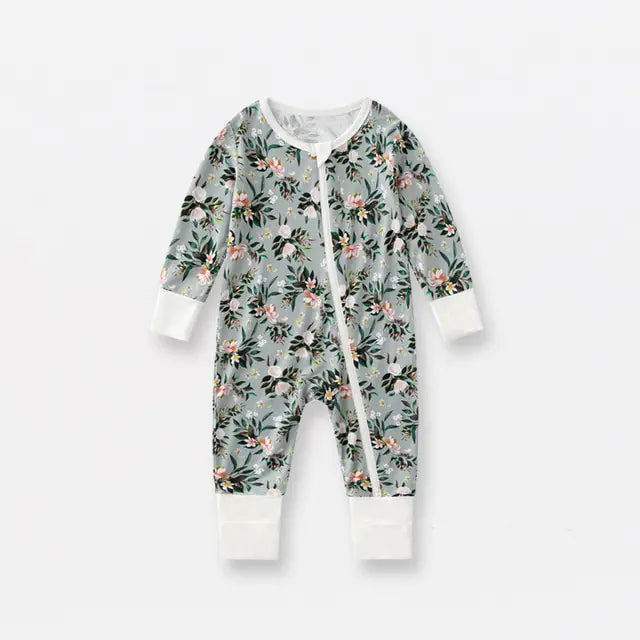 Bamboo Fiber Baby Zippered Romper Green floral 12-18M 80cm