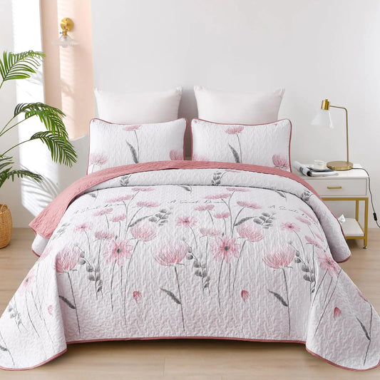 Pink Floral 3 Piece King Size Quilt Set - Kia Day Design