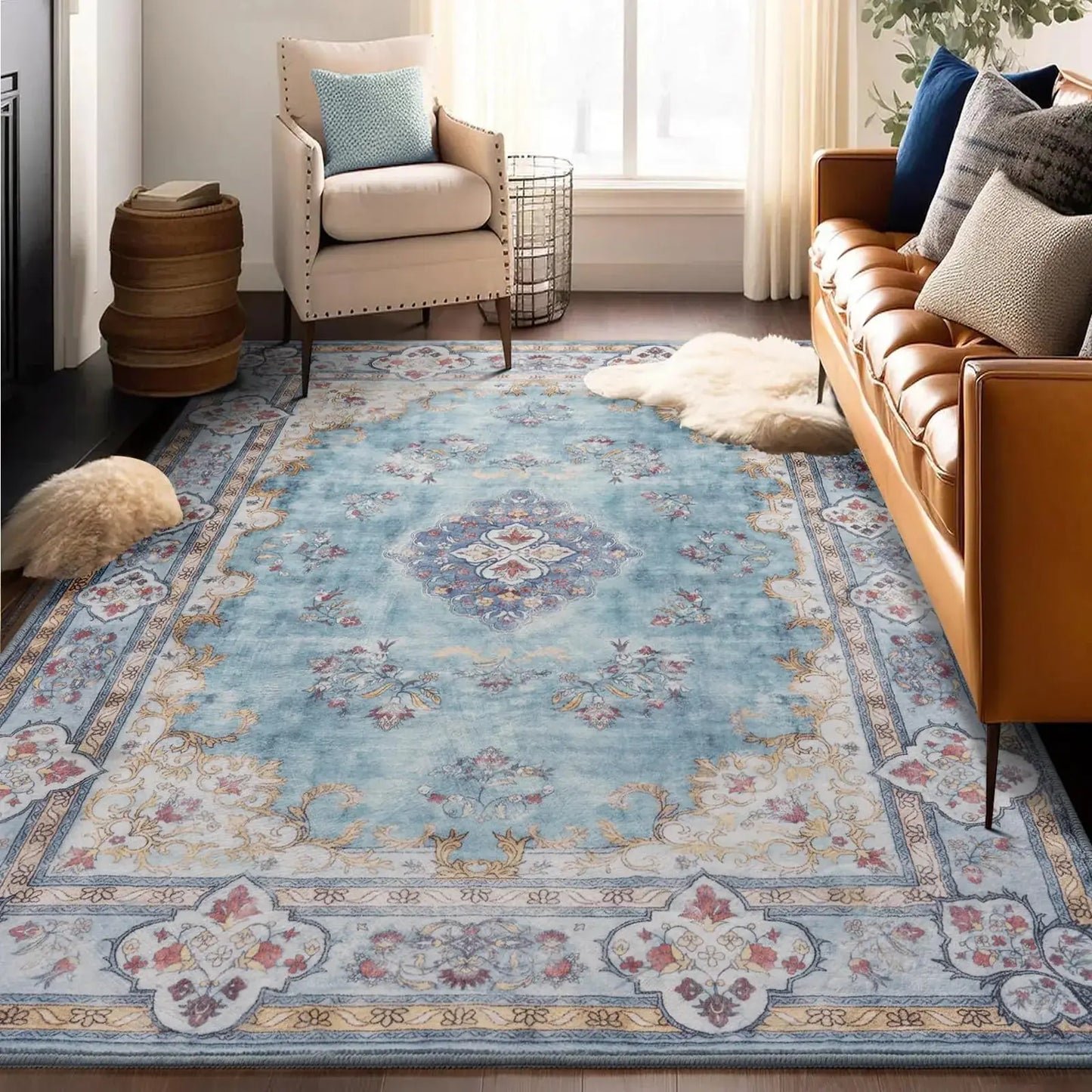 Area Rug Living Room Rug 4x6 Vintage Boho Washable Rug Blue Non Slip Foldable Faux Wool Carpet Fluffy Non-Shedding Rugs for Living Room Bedroom Dining Room Kids Playroom Kia Day Design