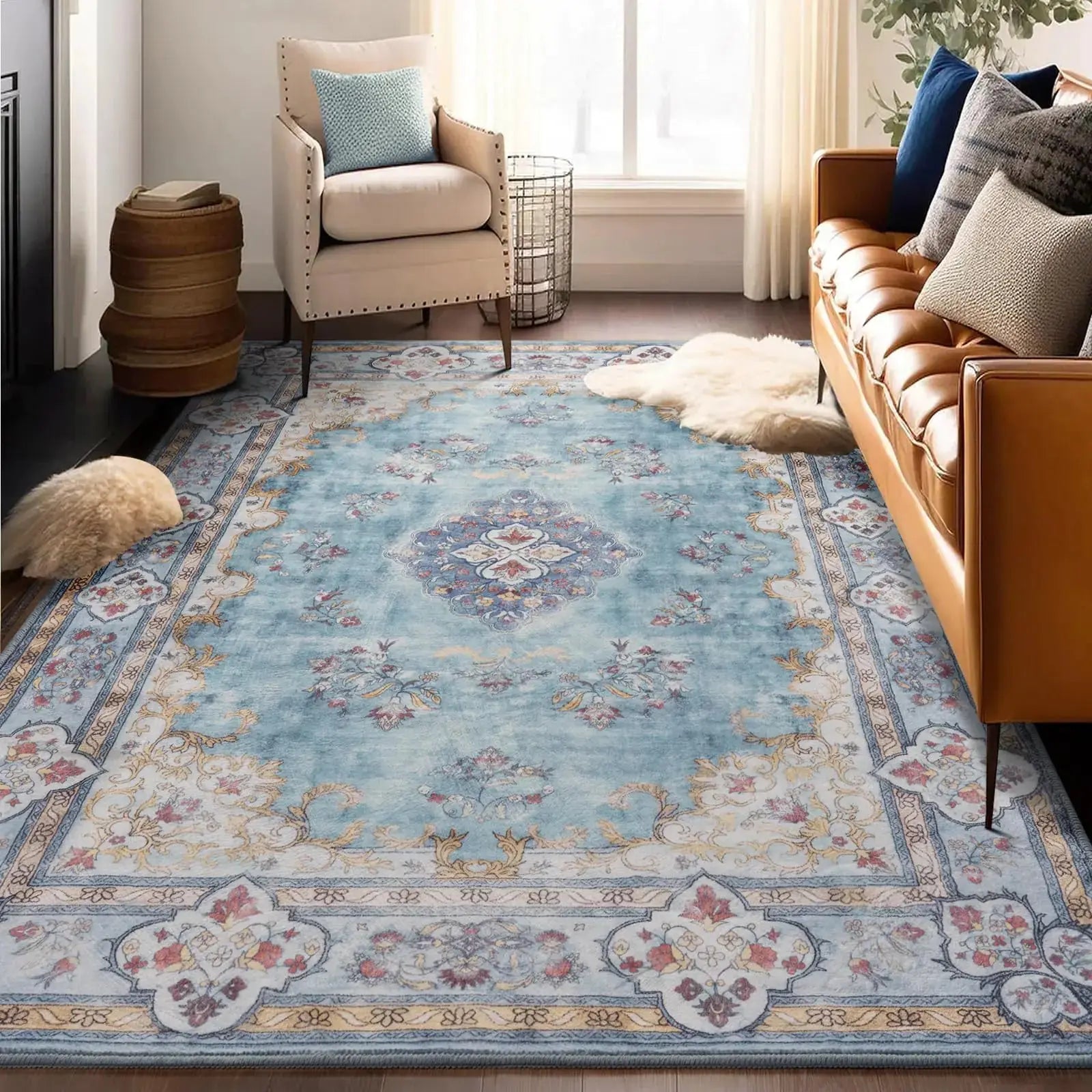 Area Rug Living Room Rug 4x6 Vintage Boho Washable Rug Blue Non Slip Foldable Faux Wool Carpet Fluffy Non-Shedding Rugs for Living Room Bedroom Dining Room Kids Playroom Kia Day Design