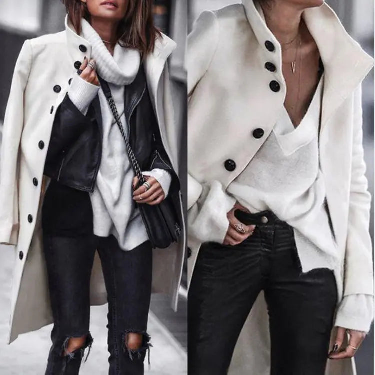 Winter Long Button Woolen Coat - Kia Day Design