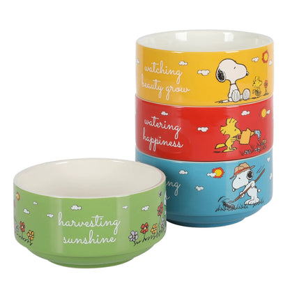 Peanuts Snoopy 4 Pack Stackable Decorated Stoneware Bowl Set - Assorted Colors 5.5" Bowl Set (4-Pack) - bowls