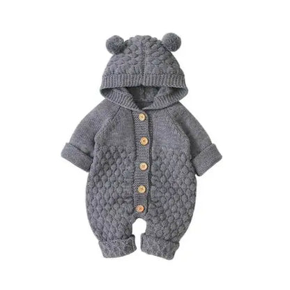 Baby Romper Bear Ear Knit Hooded Jumpsuit Gray 18 Months Old