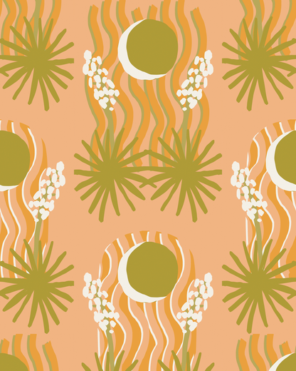 Yucca Moon Wallpaper, peach and green- Samantha Santana Creative- {{Product type}}