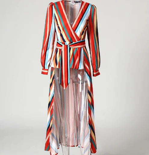 Rainbow Striped Long Sleeve Tie Blouse - - Women's Fashion - Women's Clothing - Blouses & Shirts