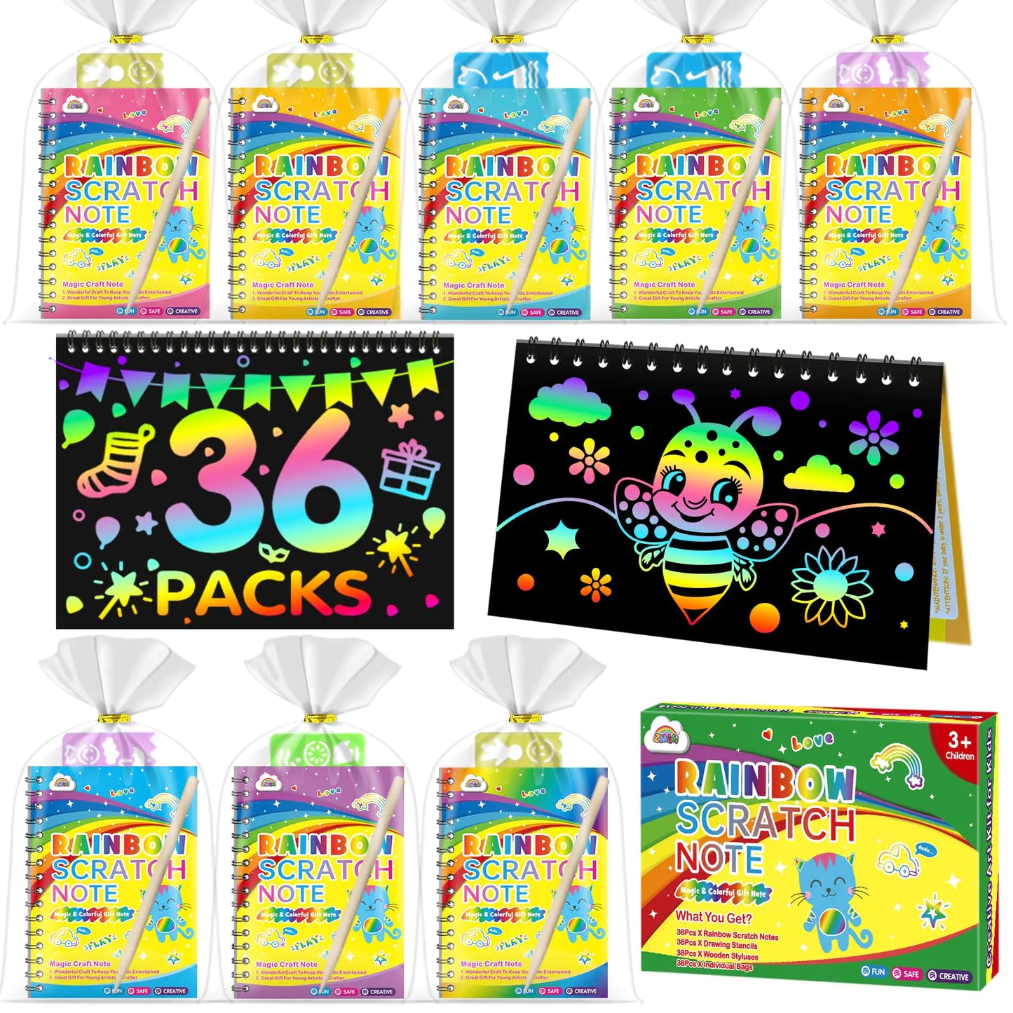 ZMLM Rainbow Scratch Party Favors Kids: Birthday Gifts Toy Bulk Scratch Art Notebook 36 Pack Scratch Paper Birthday Party Favor Girls Boys Art Craft Kit Scratch Pads Classroom Prizes