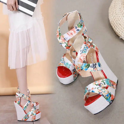 Silk-Printed Comfortable Wedge High-Heel Sandals - - wedge heels